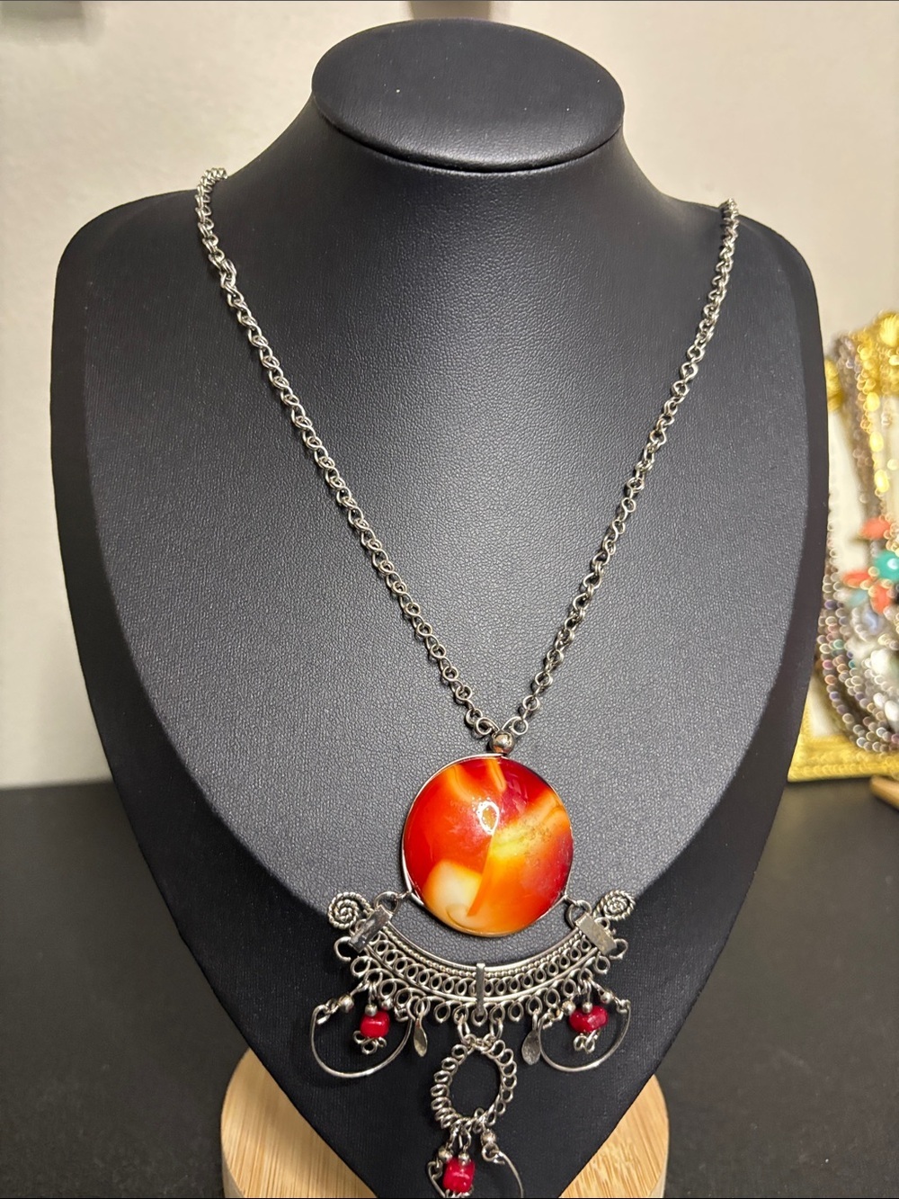 Boho Silver-Tone Chain Necklace with Red-Orange Glass Pendant